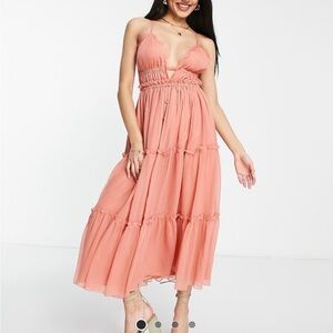 ASOS DESIGN button through tiered midi with lace trim detail in rose